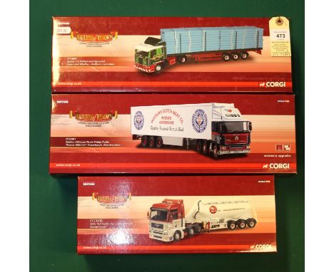 3 Corgi Hauliers of Renown series. Scania 113 Flatbed and Pipe Load, Fagan &amp; Whalley, Padiham Lancs. CC14805. MAN TJA Fel