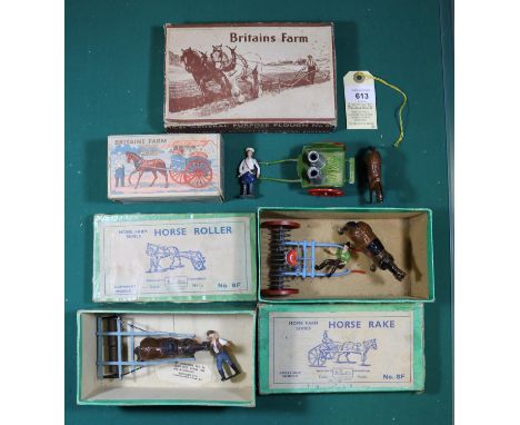 4x Britains Home Farm models. General Purpose Plough (6F), comprising plough, 2x horses and driver. Horse Rake with driver (8