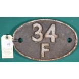 Locomotive shedplate 34F Grantham 1958-1963. Cast iron plate in quite good condition, surface rust