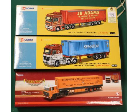 3 Corgi Trucks. 2x 50th Anniversary Series, an ERF ECT Olympic Curtainside, JR Adams, Tyneside. AN13418. Plus a Mercedes Benz