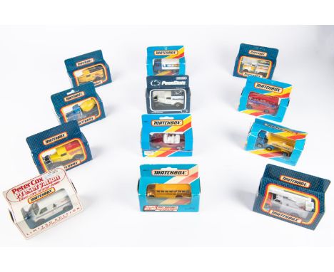 12x Matchbox models. MB30 Arctic trunk, MB17 London bus, MB20 Volvo Container truck, MB Model Ford A (pennstate),MB6 Mercedes