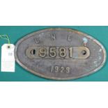 An LNER Locomotive oval brass worksplate from a Gresley Class N2/4 0-6-2T, 9581. 9581 on separate