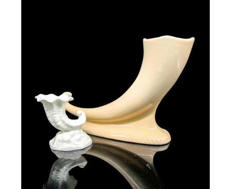 Includes tan sleek ceramic vase 8"L x 3"W x 6"H. Trenton Potteries backstamp. Small white bone china molded vase 3"L x 2.25"W