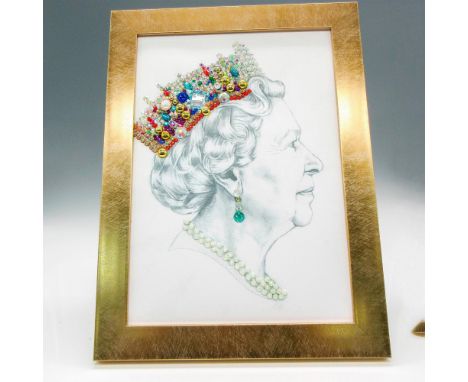 Sketch has been embellished with colored rhinestones in her crown, earring and necklace. Framed in gold toned frame. Issued: 