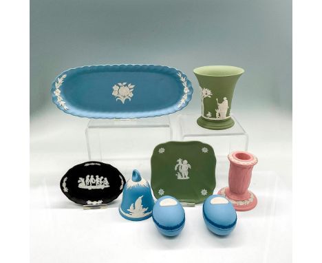 Various colors with neoclassical white sprigged decoration in low-relief. Blue tray 9.5"L x 3.75"W x 1"H. Sage green vase/cup