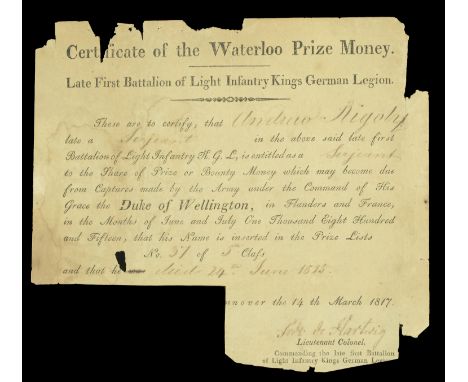 Certificate of Waterloo Prize Money, named to Sergeant Andrew Rigoly, late 1st Battalion of Light Infantry, King’s German Leg