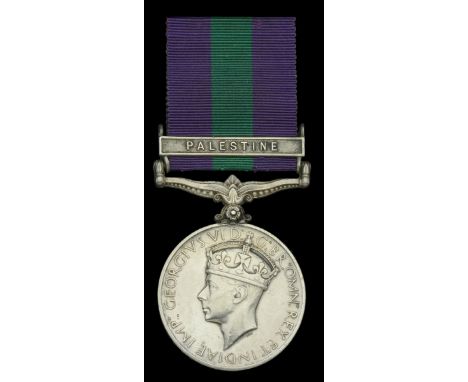 General Service 1918-62, 1 clasp, Palestine (3055402. Pte. M. Rosie R. Scots.) solder repair to suspension, surname officiall