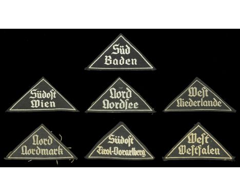 German Second World War Female Hitler Youth DJ Arm Gebiet (Area) Patches. Comprising Patches for Nord Nordsee, with ticket on