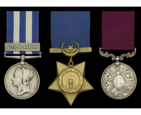 Three: Private T. Burns, 4th Royal Irish Dragoon Guards  Egypt and Sudan 1882-89, dated reverse, 1 clasp, Tel-El-Kebir (1855 