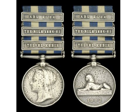 Egypt and Sudan 1882-89, dated reverse, 3 clasps, Tel-El-Kebir, The Nile 1884-85, Abu Klea (....M Woods, R....) very heavy ed