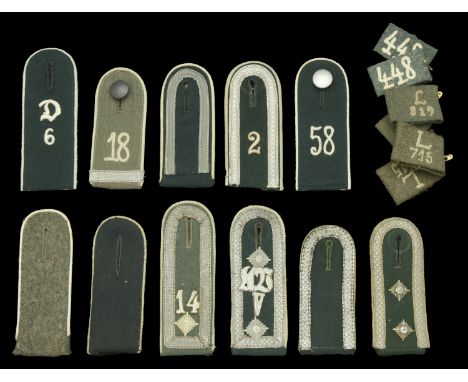 German Second World War Shoulder Boards and Numbered Tabs. Comprising 3 pairs of scarce numbered slip-ons. Regiment 448, Trai