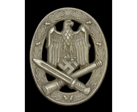 A German Second World War General Assault Badge. An Armed Forces General Assault Badge in silver, stamped version, nice condi