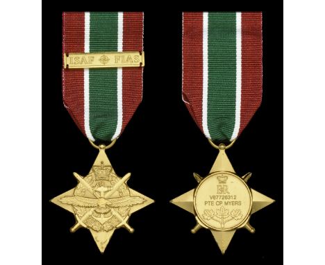 Canada, General Campaign Star, 1 clasp, ISAF + FIAS (V87726312 Pte CP Myers) in card box of issue, test marks to edge, with s