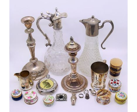 Two claret jugs, enamel boxes, babies rattle and similar&nbsp;