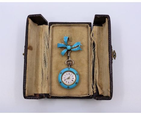 An Edwardian turquoise enamel French fish watch, an enameled bow pin, the based studded with pearls, in case