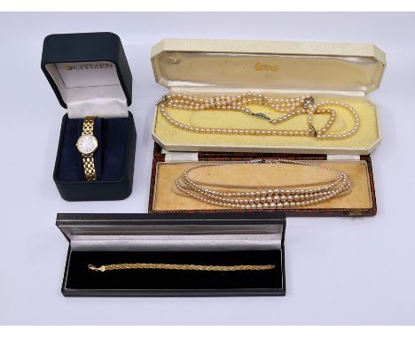 A 9ct Italian yellow gold three stand plank bracelet, approx 3g together with a Rotary gilt metal watch, two simulated pearl 