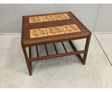 A mid century teak two tier tile top coffee table, width 60cm, depth 54cm, height 42cm. Condition - poor to fair