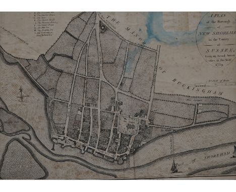 Shoreham by Sea Interest; J.Edwards Publ. coloured engraving, A Plan of the Borough of New Shoreham, 1789, 27 x 41cm and anot