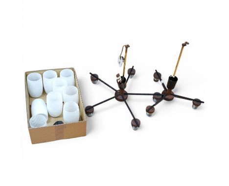 A pair of mid-century ceiling pendant chandeliers, one 5 light, the other 3 light, and a single matching wall light. All shad