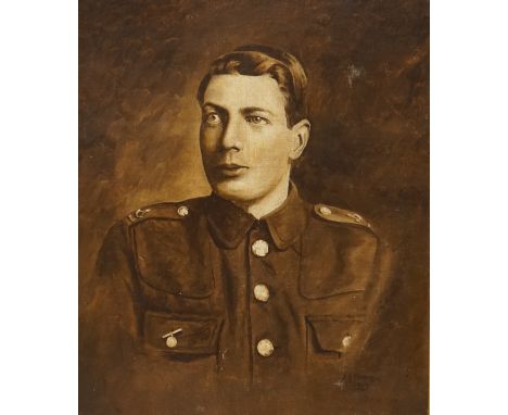 J. R. Parker, WWI interest, monochrome oil on canvas board, Portrait of a gentleman wearing military dress, signed and dated 