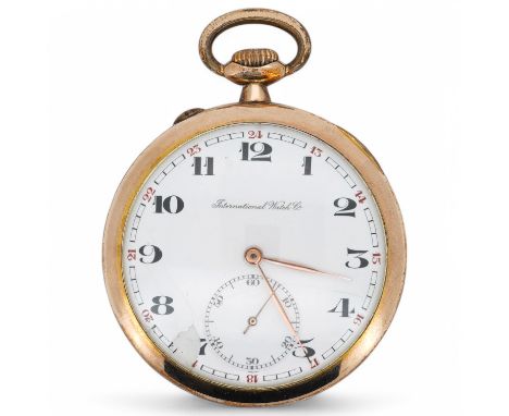 An engine turned gilt metal IWC open faced keyless dress pocket watch, with Arabic dial and subsidiary seconds, case diameter