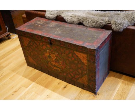An early 19th century Tibetan, Dzongkha dragon painted trunk, width 122cm, depth 45cm, height 66cm. Condition - fair