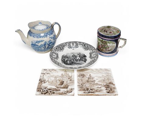 A mid 19th century pearlware teapot, a moustache mug and cover, two chinoiserie tiles and a Napoleon black and white transfer