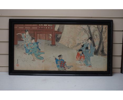 Japanese woodblock print, women wearing kimonos before a landscape, signed with character marks and red seal marks, 36 x 71cm