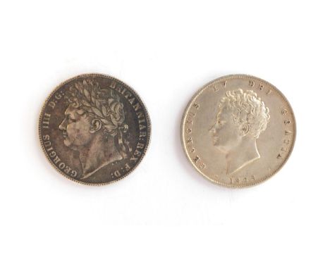 George IV, 2 x Halfcrowns comprising: 1820 laureate head, crowned garnished shield, very light obv scratches o/wise toned AVF