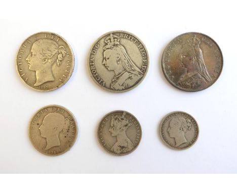 Victoria, 6 x Silver Coins comprising: crown 1847 XI obv. contact marks &amp; graffiti on Queen's neck, light edge bumps AFin