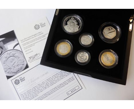 Silver Proof Piedfort Set 2014, 6 coins comprising  £5 'Queen Anne,' 2 x £2 'Outbreak of WW1' &amp; '500 Years of Trinity Hou