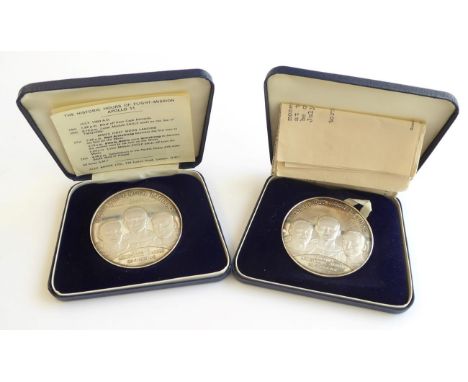 2 x Sterling Silver Commemorative Medals 'Man's First Moon landing 1969,' the obv. of each medal depicts the facing busts of 