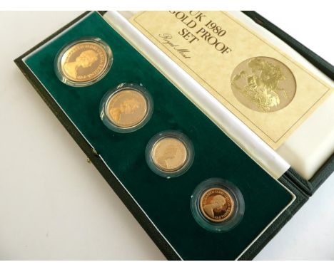 1980 Gold Four-Coin Proof Set Consisting of Proof Quintuple Sovereign, Double Sovereign, Sovereign and Half Sovereign a total