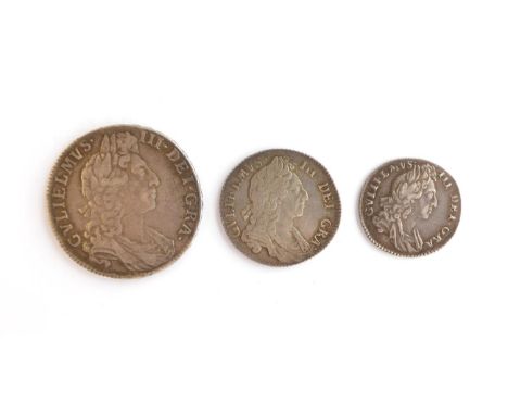 William III Halfcrown 1698 DECIMO, light flecking, golden tone in legends GFine to AVF, together with shilling 1697 3rd bust 