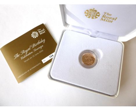 Gold Sovereign 2016, one of a limited edition of 500 struck on the Queen's 90th birthday, 11 June 2016; Queen's portrait by J