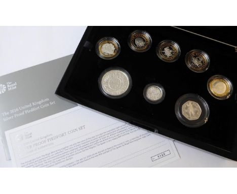 Silver Proof Piedfort Set 2016, an 8-coin sterling silver set with different commemorative reverses comprising: £5 'Queen's 9