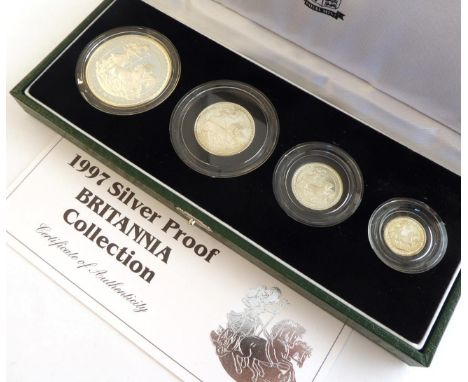 Britannia Silver Proof Set 1997 comprising £2, £1, 50p &amp; 20p, with cert, individually encapsulated in RM case of issue, s