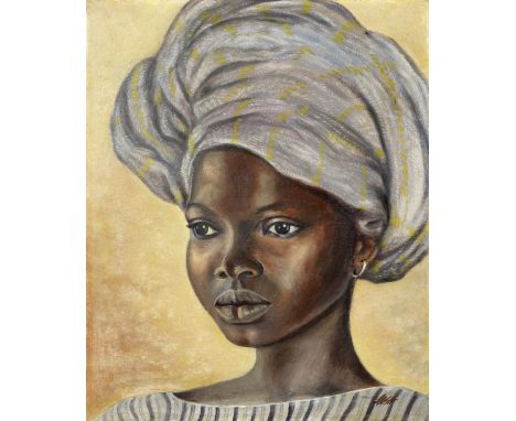 Akinola Lasekan (Nigerian, 1921-1972)Portrait of a girl wearing a headscarf signed 'LASH' (lower right); bears label inscribe