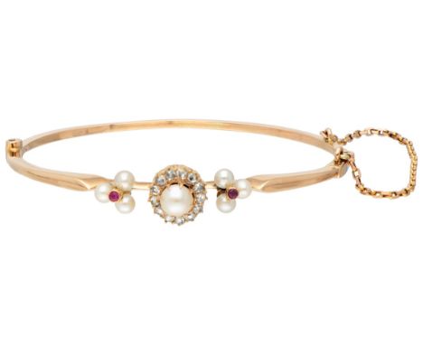 Antique 14K. yellow gold bangle bracelet set with diamond, pearl and natural ruby. With safety chain. Hallmarks: oak leaf. In