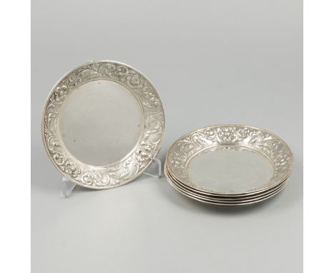 6-piece set of coasters silver. Model with raised rim and cast rocaille decorations. The Netherlands, Haarlem, Zaanlandse Zil