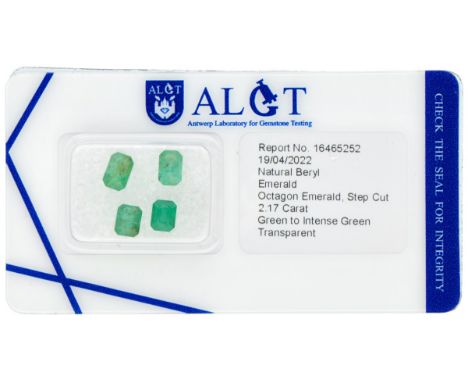 Lot of 4 ALGT certified natural emeralds of 2.17 ct. in total. Cut: Octagon emerald step cut, clarity: Transparent, color: Gr