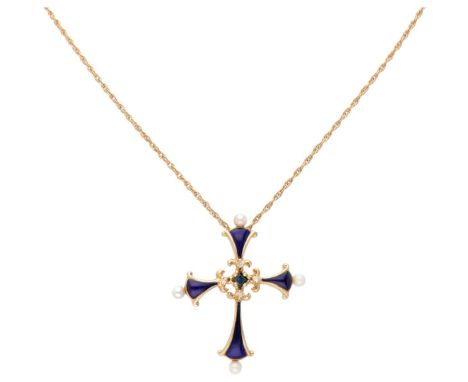 18K. Yellow gold necklace with 'The Sapphire Midnight Cross' of the House of Igor Carl Fabergé set with sapphire, diamond, se