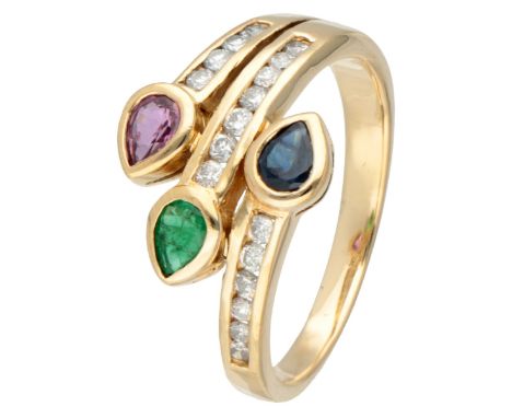 18K. Yellow gold ring set with approx. 0.17 ct. diamond and natural ruby, sapphire and emerald. Hallmarks: 750. Set with 17 b