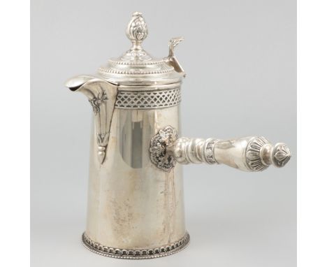 Chocolate pitcher silver. Beautiful model with soldered decorations, pearl edges and side mounted handle. Italy, Firenze, GIA