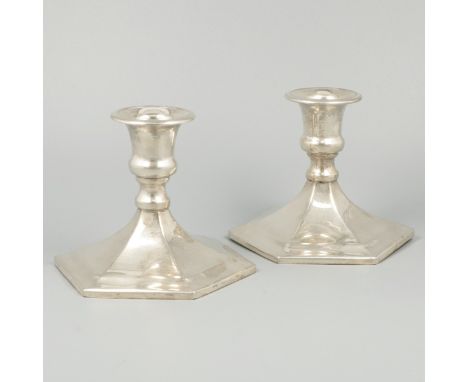 2-piece set of candlesticks silver. Hexagonal sleek models. 20th century, hallmarks: 0.900, Z - light signs of wear and dents