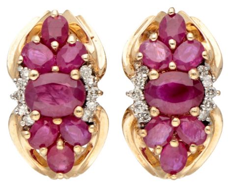 Vintage 14K. yellow gold earrings set with approx. 3.10 ct. ruby ​​and approx. 0.20 ct. diamond. Hallmarks: 585. Set with 14 