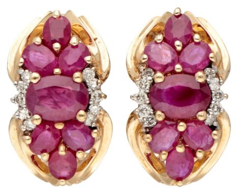 Vintage 14K. yellow gold earrings set with approx. 3.10 ct. ruby ​​and approx. 0.20 ct. diamond. Hallmarks: 585. Set with 14 