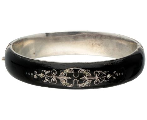 Antique 800 silver Victorian mourning bangle bracelet with black enamel and seed pearls. Hallmarks: MM3, Z. In used condition