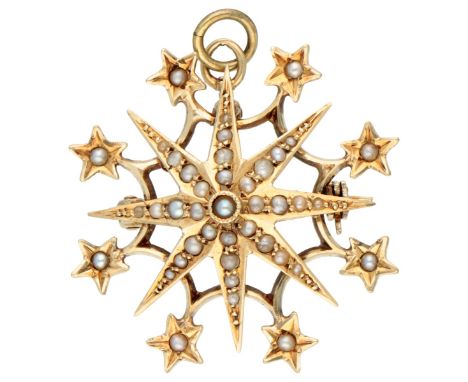 Vintage 10K. yellow gold star brooch / pendant set with seed pearl. Hallmarks: arrow, 14K. In good condition. LxW: 2.9 x 2.9 