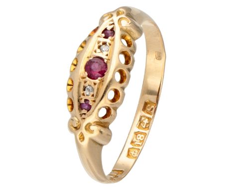 Antique 18K. yellow gold English 'five stone' ring set with approx. 0.09 ct. natural ruby ​​and diamond. Hallmarks: WAW (make